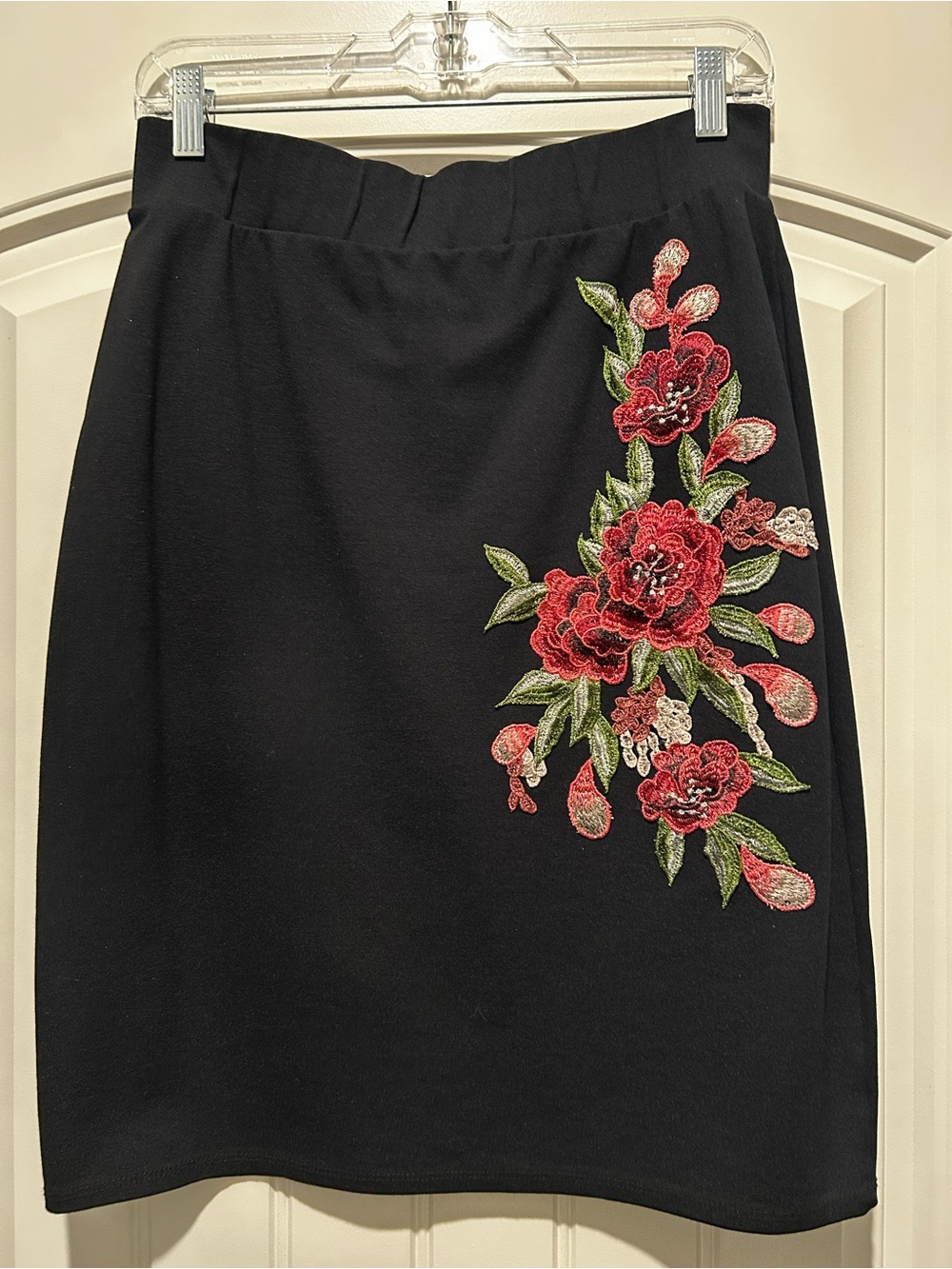 Mikarose Black Pencil Skirt with Red Floral Embroidery